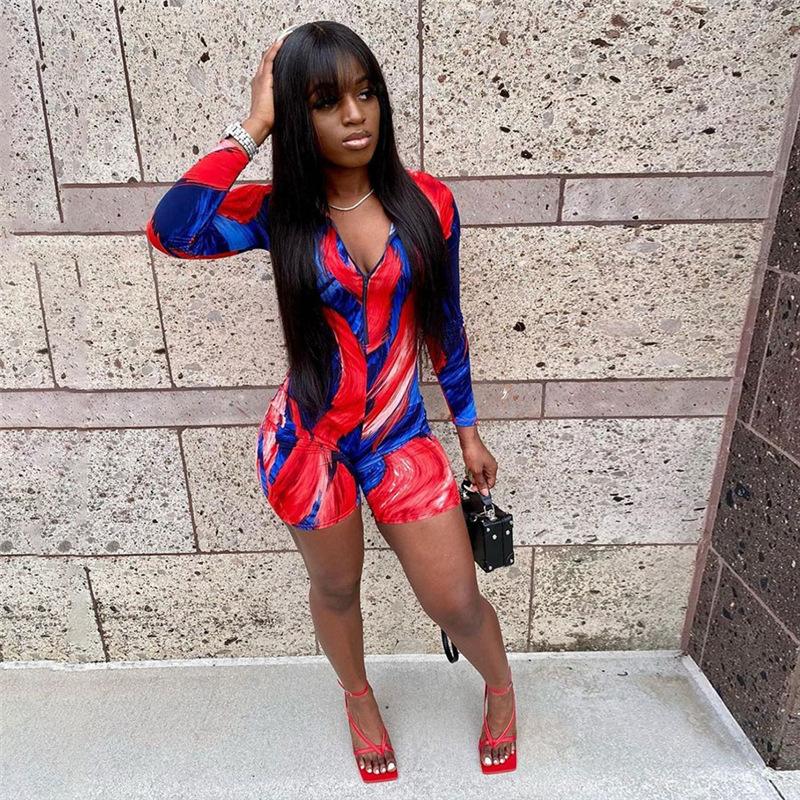 Summer Women's Printed Tight Zipper High Waist Hip Sports Casual Jumpsuit