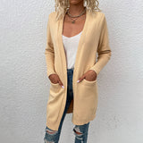 Women Cardigan Knit Sweater Autumn and Winter Mid-Length Solid Color Pocket Knitted Cardigan Jacket