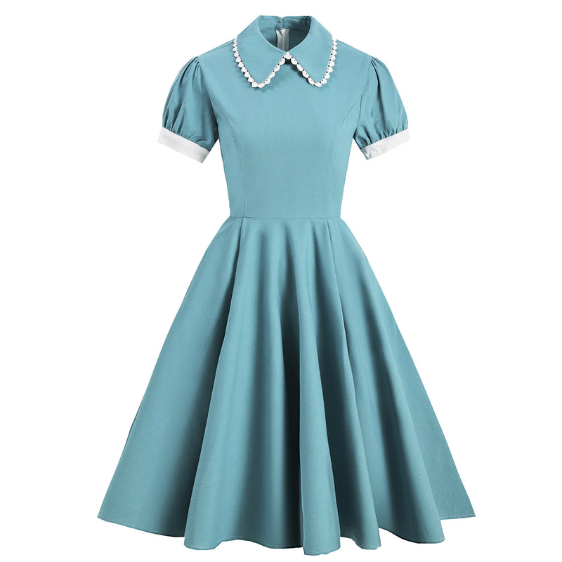 Regency Dress Court Tight Waist Green Doll Collar Lace Light Dress Short Sleeve