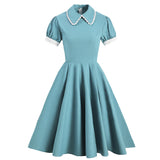 Regency Dress Court Tight Waist Green Doll Collar Lace Light Dress Short Sleeve