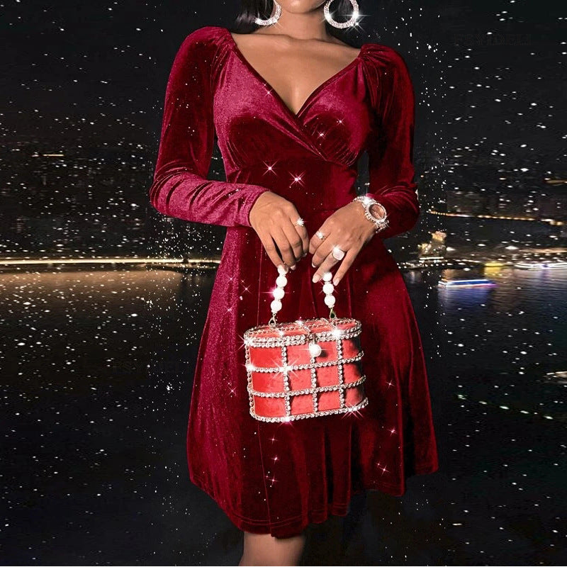 Blue Velvet Dress V-neck Velvet Skirt Sexy Waist Trimming