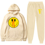 Vlone Hoodie & Pants 2 Piece Men'S Spring And Autumn Print Smiley Pullover Sweater