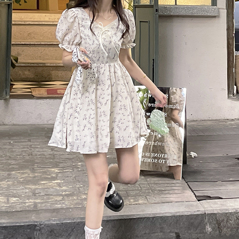 Regency Dress Cream Floral Dress Puff Sleeve Chiffon