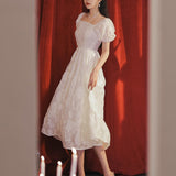 Coachella Music Festival Outfits Summer Women's Dress White Jacquard Square Collar Puff Sleeve