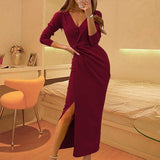 MIDI Mauve Cocktail Dress Autumn V-neck Long Sleeve Split Dress Evening Dress