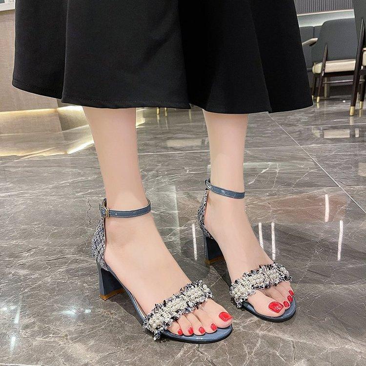 High Heels Slides Pearl Buckle Fashionable Chunky Heel Sandals