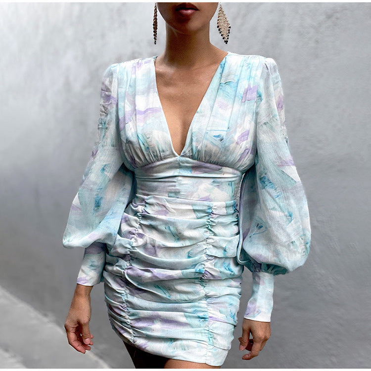 Coachella Music Festival Outfits Printed V-neck Long Sleeve Narrow Tight Skirt