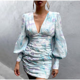 Coachella Music Festival Outfits Printed V-neck Long Sleeve Narrow Tight Skirt