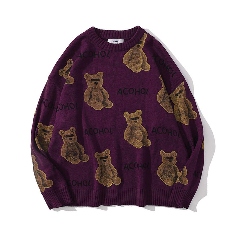 Men Sweater Cartoon Bear Full Printed Sweater Men's Sweater Pullover