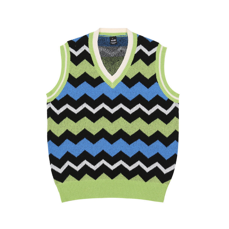 Men Sweater Color Matching Corrugated Sleeveless Sweater Vest Men's Loose V-neck Sweater Waistcoat Outer Wear