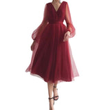 Burgundy Dress Formal Dress Women's Vintage Burgundy Lantern Sleeve