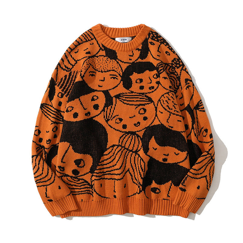 Men Sweater Cartoon Jacquard round Neck Sweater Men's Autumn Street Trend Loose Pullover
