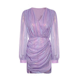 MIDI Mauve Cocktail Dress Women's Summer Purple Puff Sleeve V-neck Cross Pleated Hip Skirt
