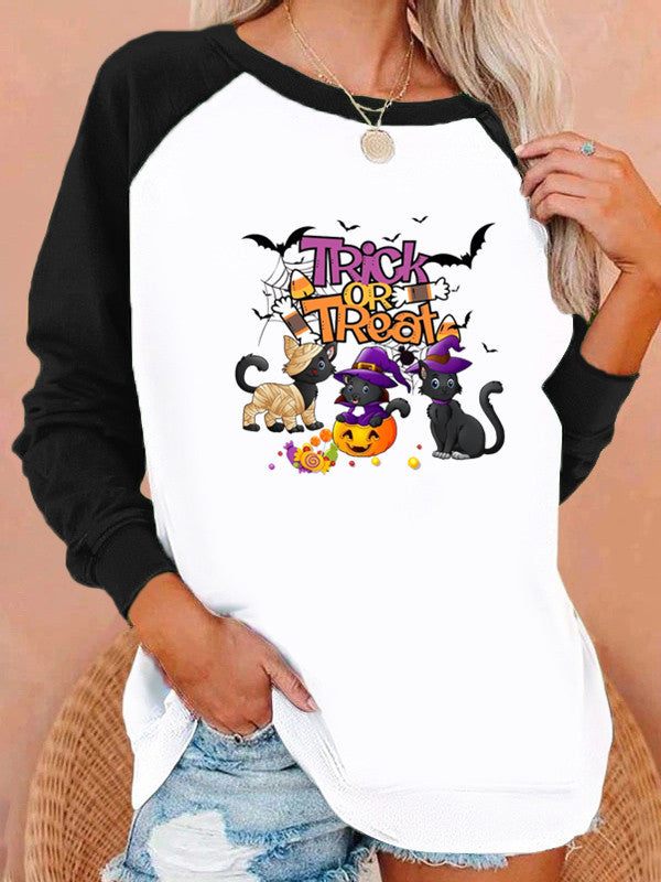 Halloween Costumes Pattern Printing Capless round Neck Contrast Color Sweatshirt Female