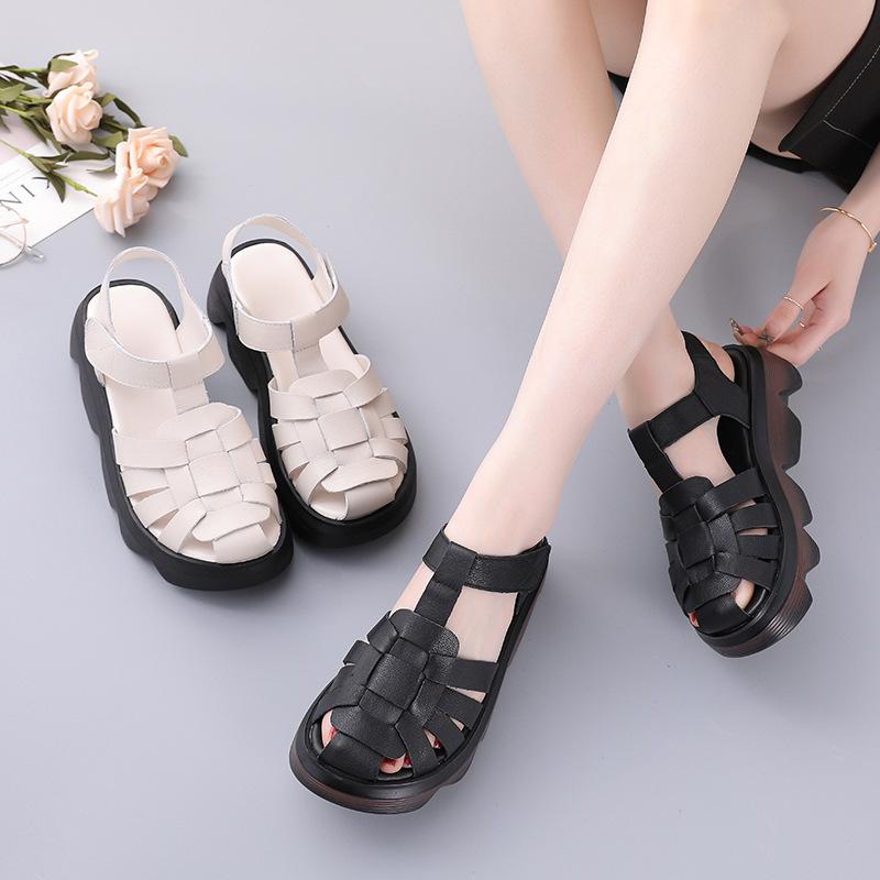 Highway Flat Sandals Summer Sandals Muffin Bottom Velcro Hand-Woven Genuine Leather Roman Shoes