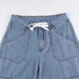 Julia Fox Low Rise Jeans Distressed Blue Line Split Low Waist Drawstring Loose Pockets Stitching Casual Trousers