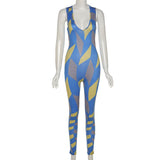 Summer Women's Sexy Low-Cut Fashion Printed High Waist Tight Casual Sports Jumpsuit