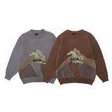 Men Sweater Cartoon Crocodile Paste Cloth Embroidery Sweater Men's Loose round Neck Sweater Retro