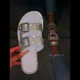 Women Open Toe Sandals Flats Summer Rhinestone Square Heel Sandals Low Heel Beach Shoes