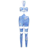 Summer women's sexy hollow-out halter lace-up metal buckle high waist tight sports jumpsuit