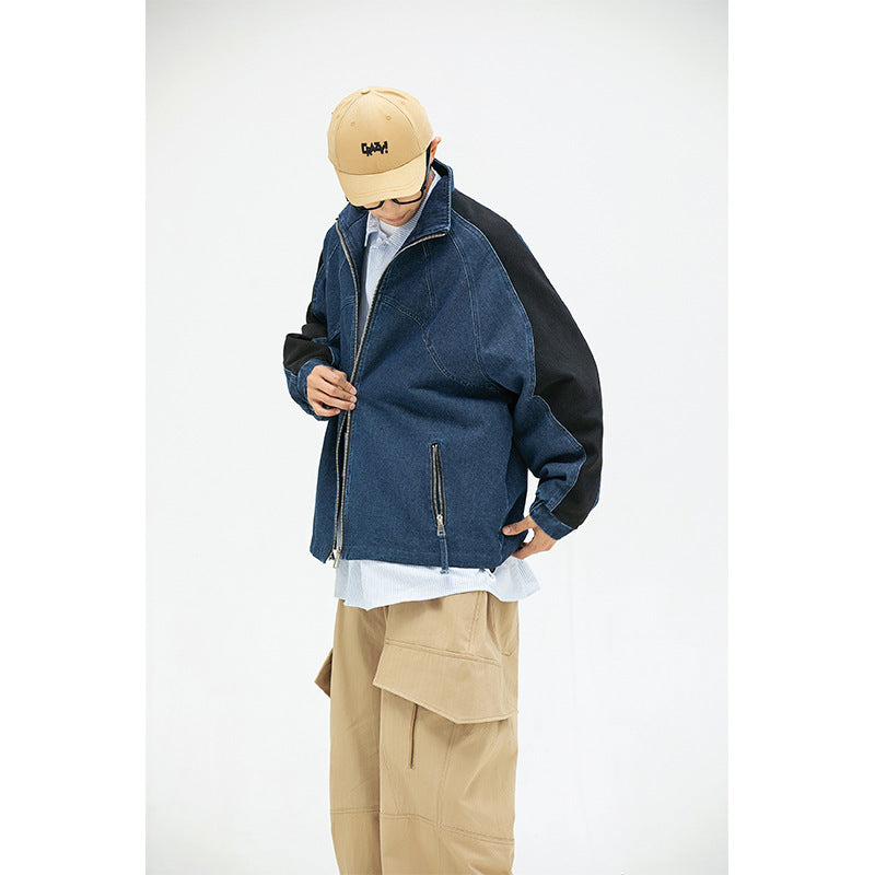 Men Denim Jackets Color Stitching Stand-Collar Casual Youth Coat