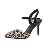High Heels Ladies Sandals Summer Sexy Leopard Print Color-Blocking Stiletto Heel Pointed-Toe Fashion Ankle-Strap Buckle Women's Shoes