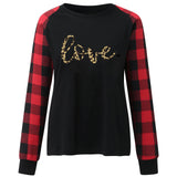 Valentine's Day T Shirt Plaid Sleeve Love Heart Printing Long Sleeve T-shirt