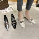 Finn Chain Pointed Toe Mule Crocodile Pattern Patent Leather Muller Pumps Rhinestone Metal Buckle