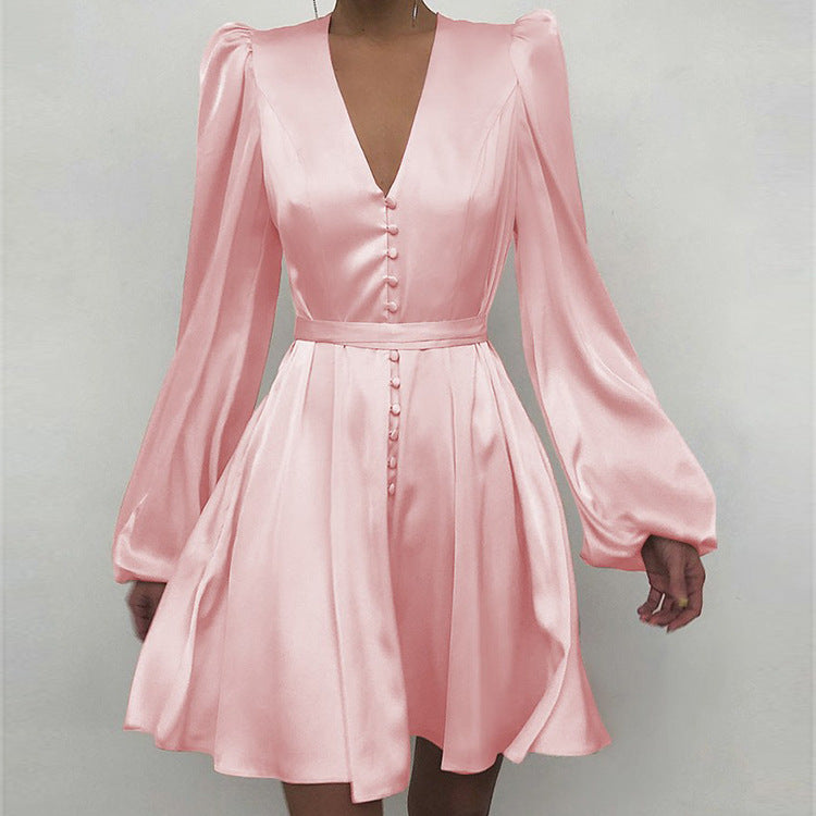 Kendall Jenner Wedding Guest Dress V-neck Elegant Slim Dress Lantern Sleeve Skirt