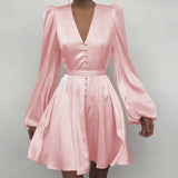 Kendall Jenner Wedding Guest Dress V-neck Elegant Slim Dress Lantern Sleeve Skirt