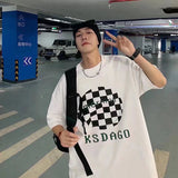 Men T-Shirts Loose Round Neck Chessboard Plaid Half Sleeve