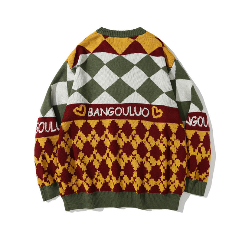 Men Sweater Cartoon Embroidery Color Matching Knitted Sweater Men's Street Pullover