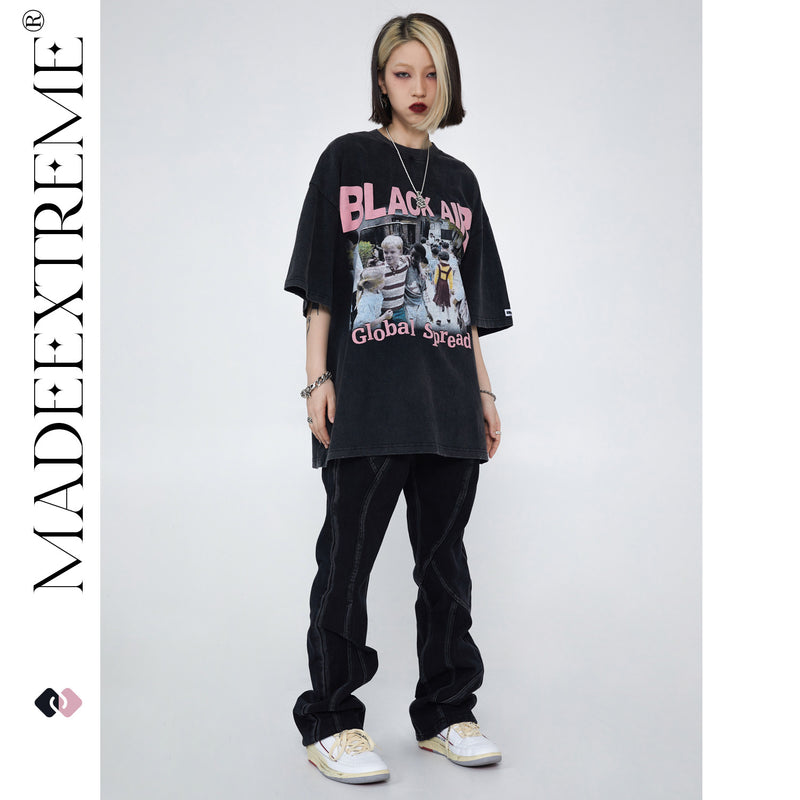 Y2g Shirts for Boys Vintage Washed Black Pink Summer Short Sleeve T-shirt for Men and Women