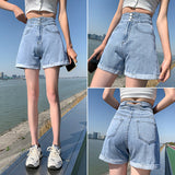 Women Jean Shorts Denim Shorts Women's Summer High Waist Light-Colored Curling Pants
