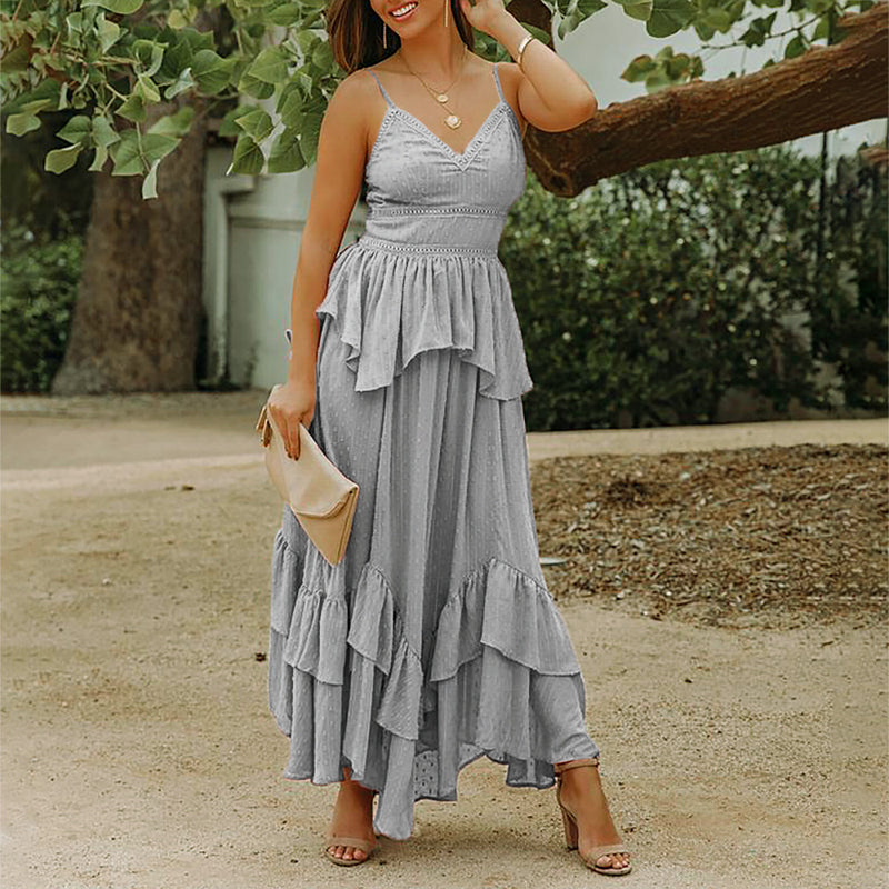 Burgundy Dress Formal Summer Women's Clothing V-neck Stitching Irregular Swing Dress