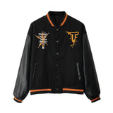 Man Fall Outfits Vintage Cartoon Embroidered Color Matching PU Leather Sleeve Baseball Uniform Jacket Coat