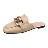 Finn Chain Pointed Toe Mule Closed Toe Half Slippers Women's Summer Outdoor Casual Square Toe Flat Bottom Lazy Half Slippers