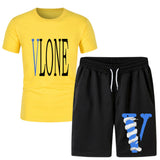 Vlone T Shirts & Shorts 2 Piece Set Men 'S Summer Printed Sports Short-Sleeved T-Shirt Set