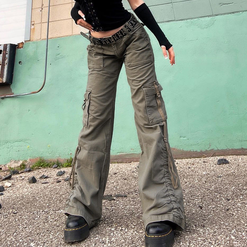 Julia Fox Low Rise Jeans Side Pleating Cool Strap Irregular Straight-Leg Pants Multi-Pocket Flanging Versatile