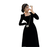 Maxi Burgundy Dress Formal Women's Autumn and Winter Square Collar Midi Dress Base Skirt
