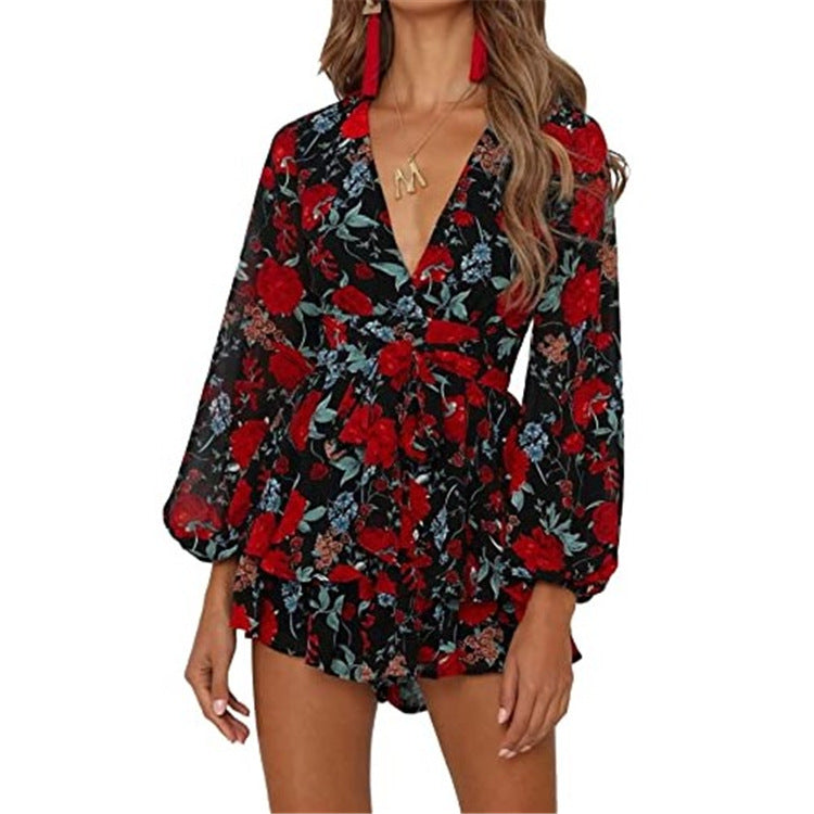 Coachella Music Festival Outfits Printed V-neck Loose Sleeves Belt Double-Layer Pleated Mini Jumpsuit