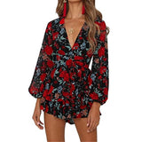 Coachella Music Festival Outfits Printed V-neck Loose Sleeves Belt Double-Layer Pleated Mini Jumpsuit