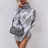 Women Pullover Knit Sweater Women's Autumn and Winter Contrast Color Lapel Mid-Length Sweater