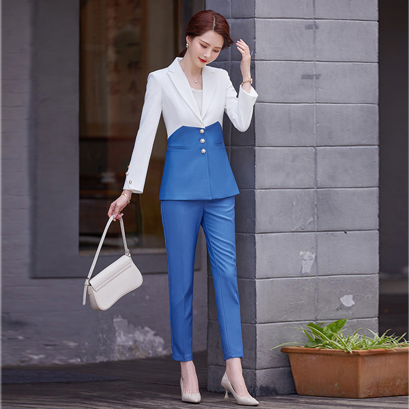Interview Suit Women Spring/Summer Stitching Shirt Top Straight-Leg Pants Suit