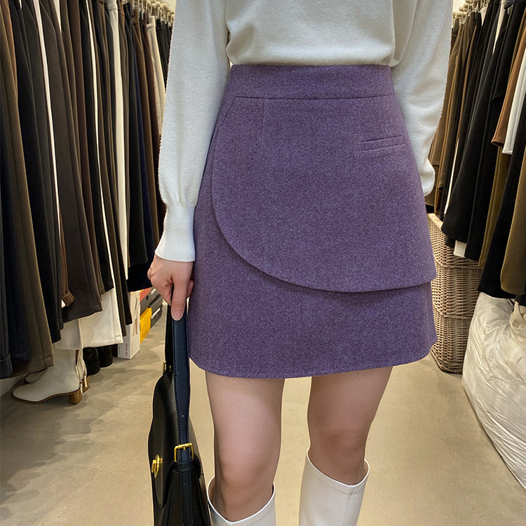 MIDI Mauve Skirt Women's Autumn and Winter High Waist Slimming A- line Hip-Wrapped Skirt