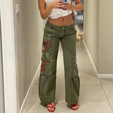 Julia Fox Low Rise Jeans Women's Side Vintage Printed Loose Casual Straight-Leg Low Waist Cargo Pants