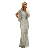 Long Sleeve Burgundy Dress Formal V-neck Long Sleeve Sequined Mop Dress