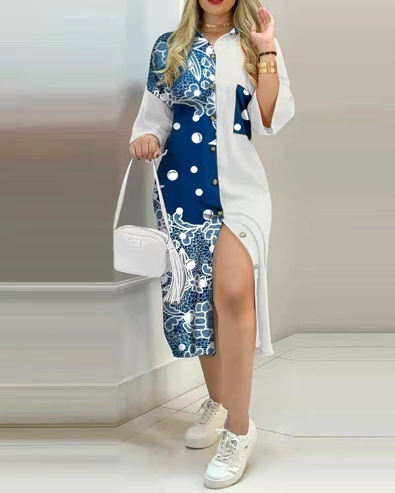 Romanian Gypsy Outfits Printed Button Pocket Long Sleeve Shirt Dress