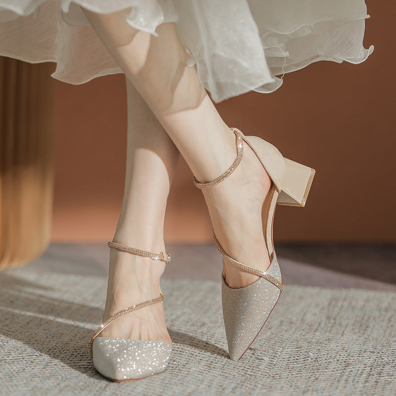 Nude Low Block Heel Pointed Toe Buckle Strap Rhinestone