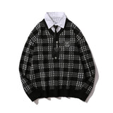 Men Sweater Fake Two-Piece Plaid Sweater Men's Pullover